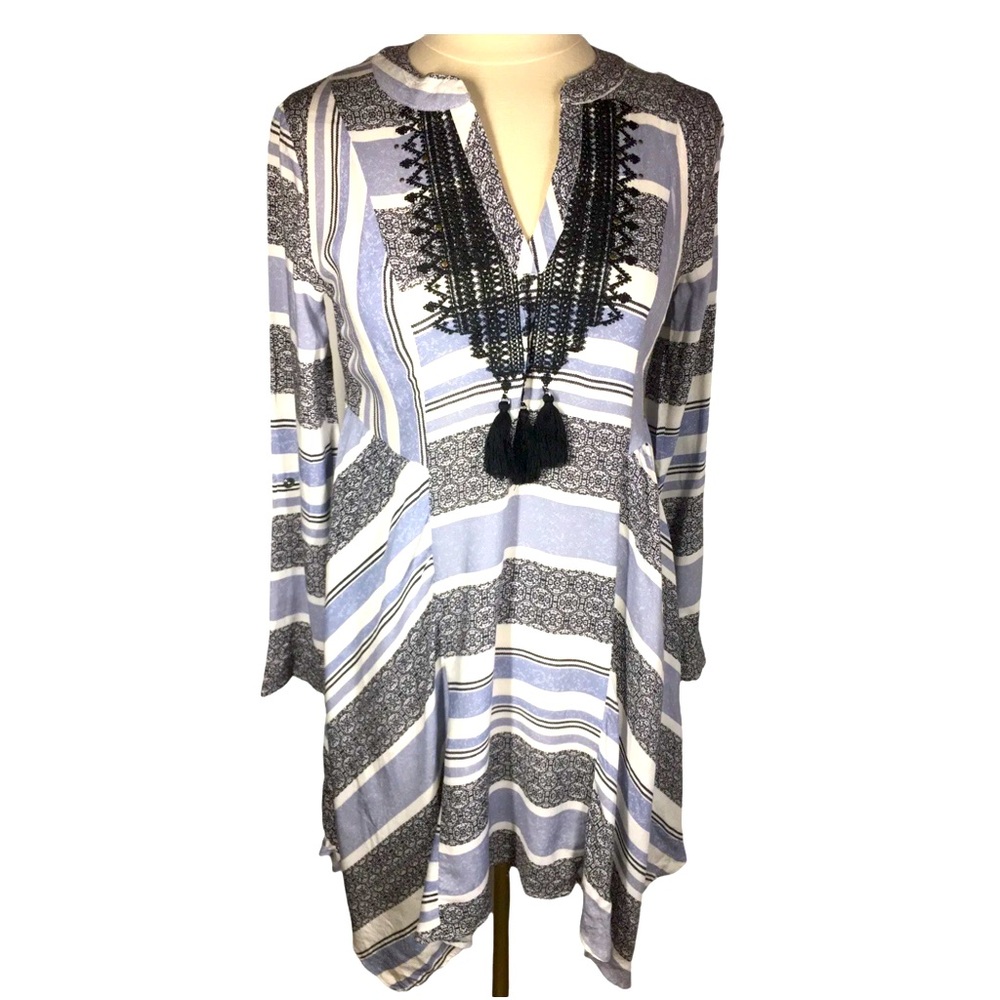 Knox Rose Boho Handkerchief Dress Size XS Flowy Blue Stripe embroidered cover up